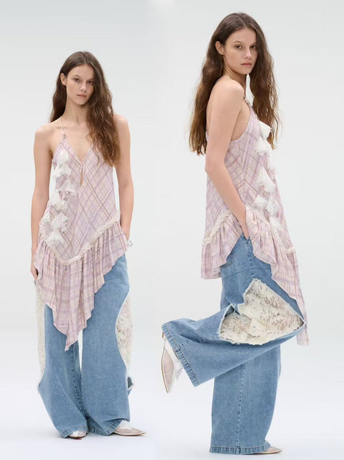Wide-leg denim jeans with lace panel cutouts