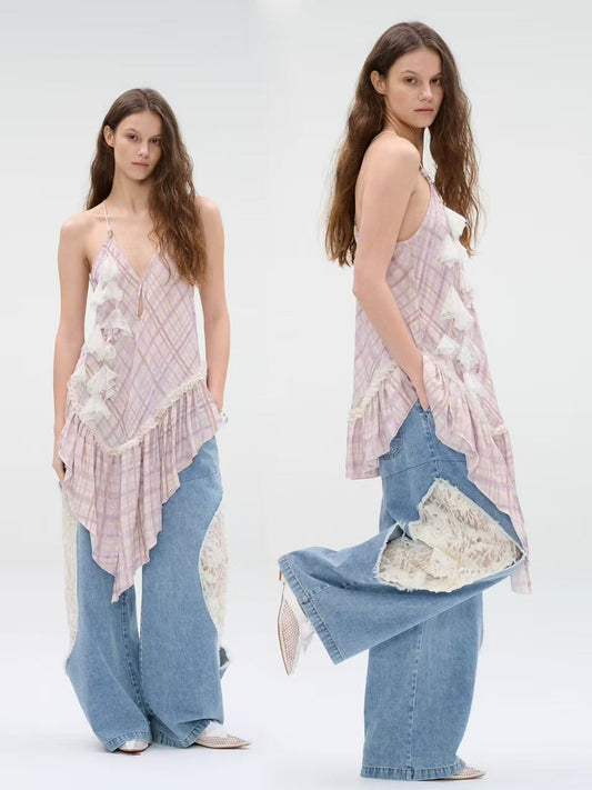 Wide-leg denim jeans with lace panel cutouts