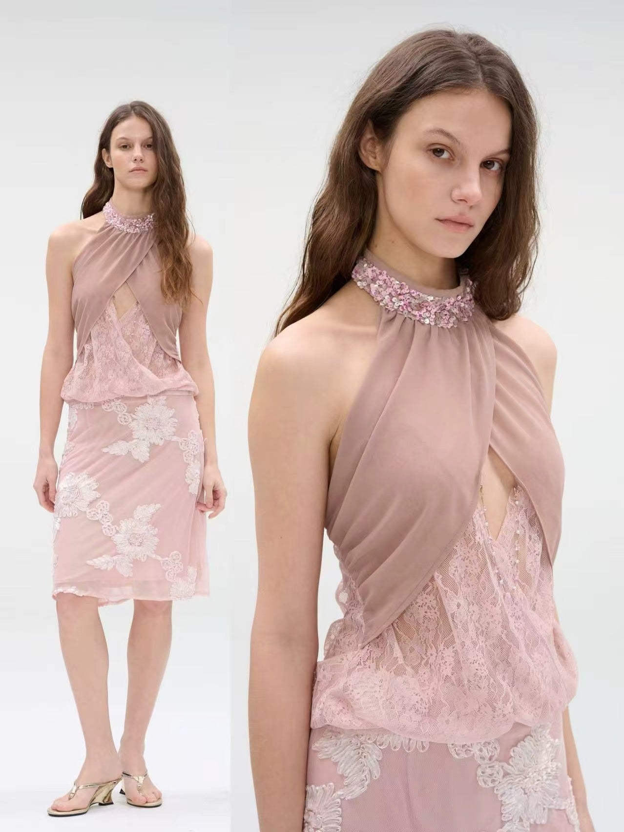 Sequin Halter Lace Overlay Top