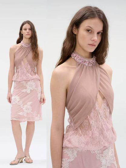 Sequin Halter Lace Overlay Top