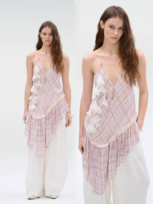 Asymmetric Ruffle Plaid Cami Top