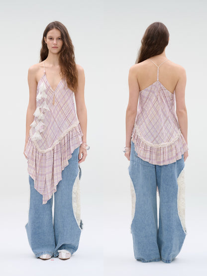 Asymmetric Ruffle Plaid Cami Top