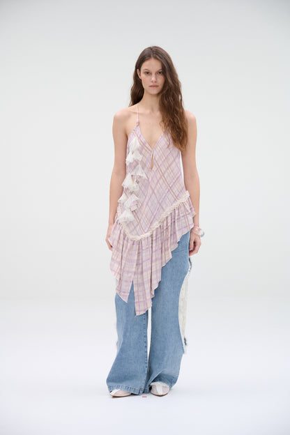Wide-leg denim jeans with lace panel cutouts