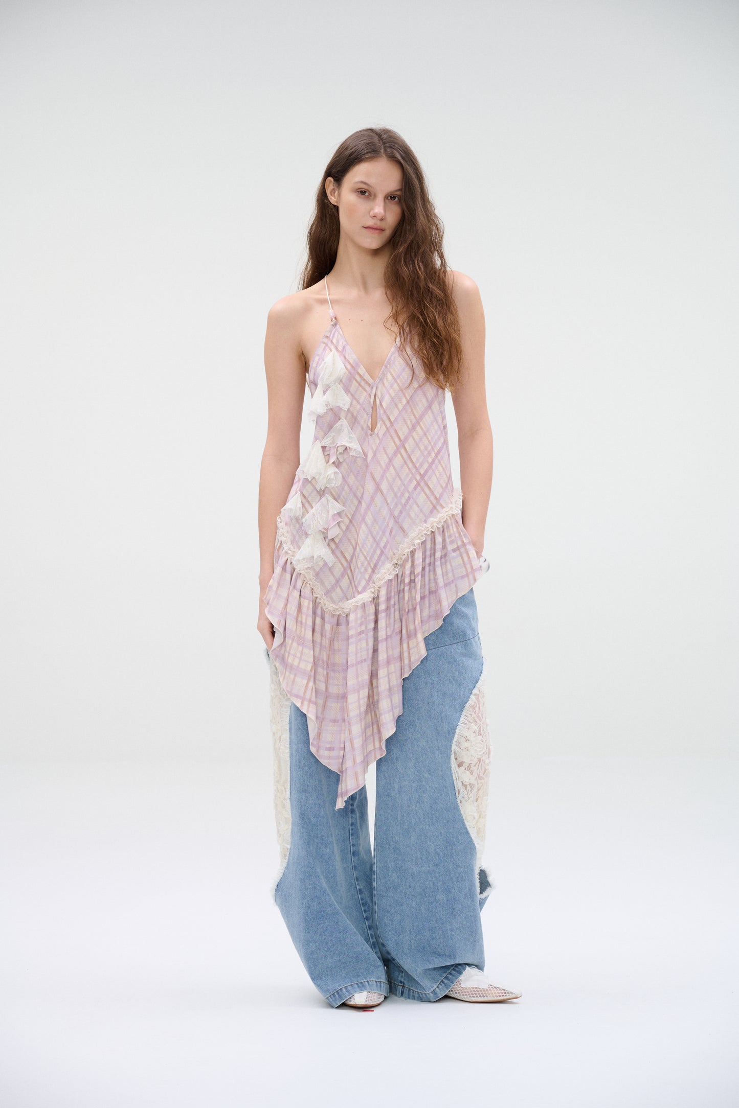 Asymmetric Ruffle Plaid Cami Top