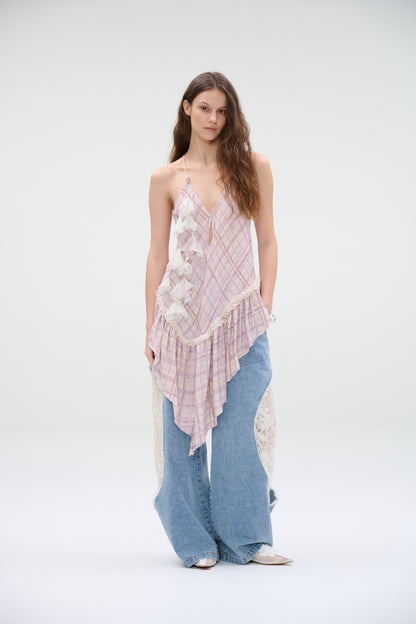 Asymmetric Ruffle Plaid Cami Top