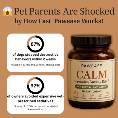 Pawease Calm - Dog Anxiety & Separation Anxiety Relief Chews | Non-Drowsy L-Theanine, Valerian & Chamomile (90 Soft Chews)