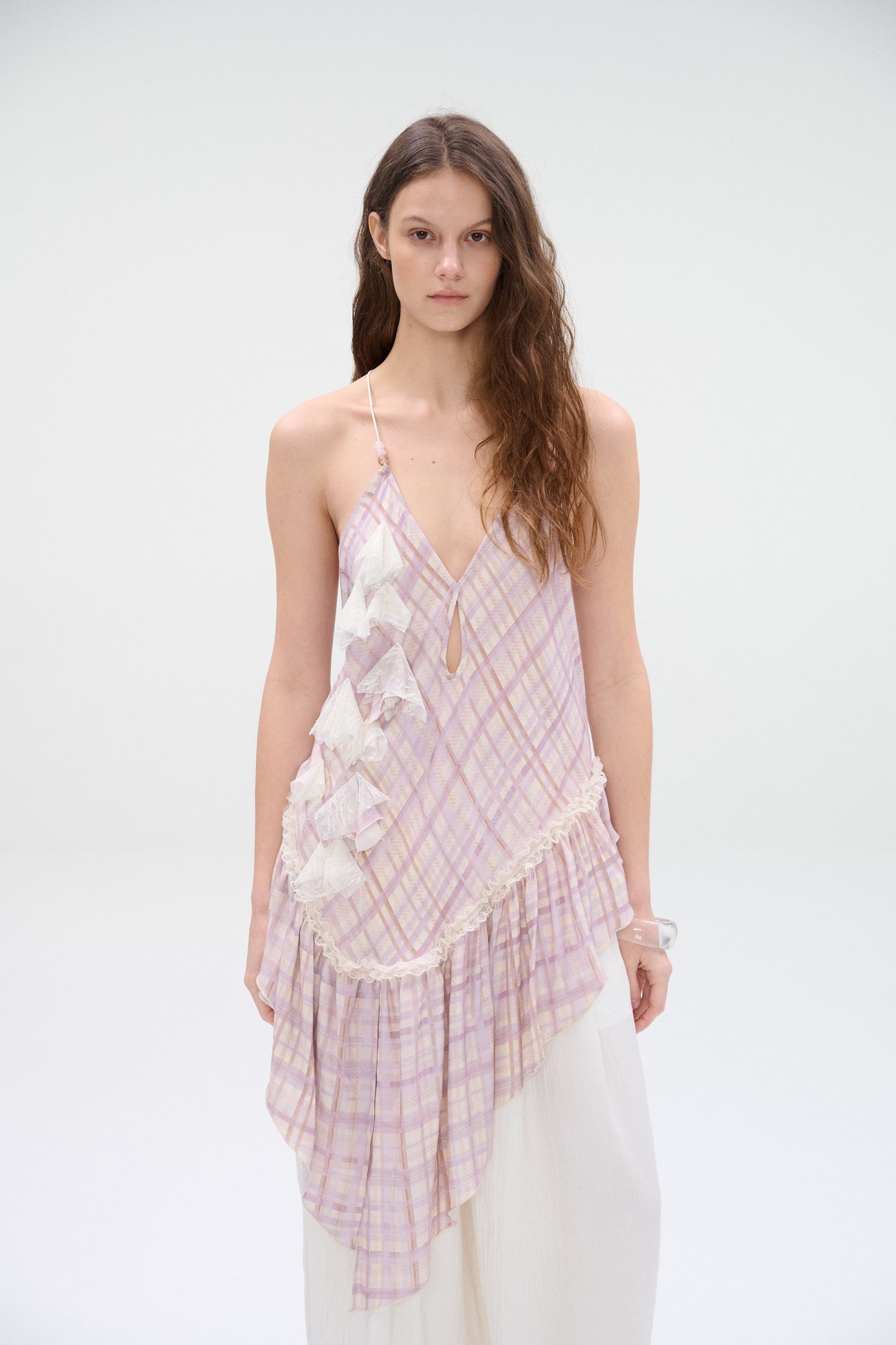 Asymmetric Ruffle Plaid Cami Top