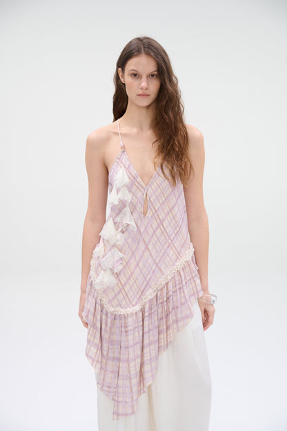 Asymmetric Ruffle Plaid Cami Top