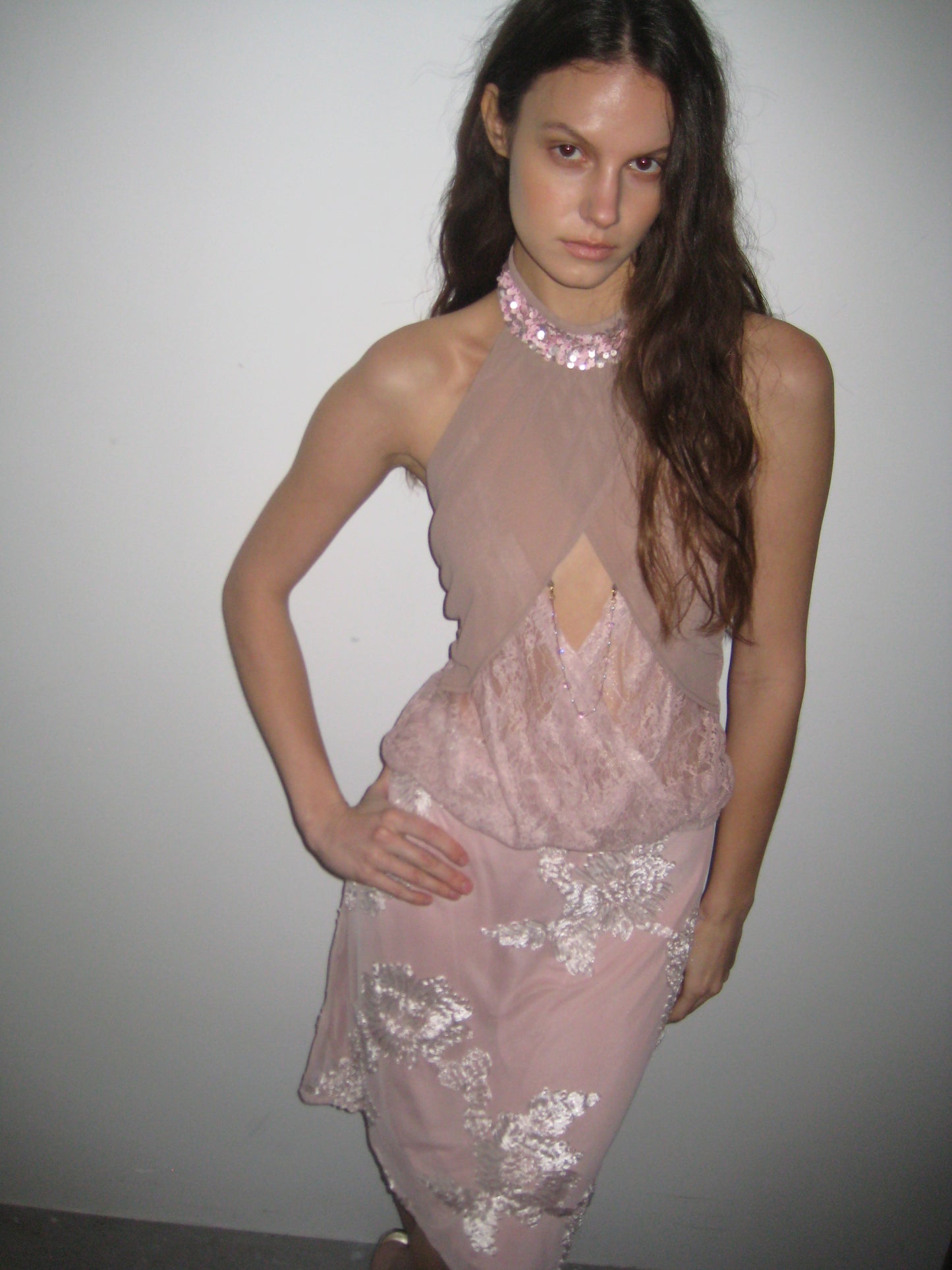Sequin Halter Lace Overlay Top