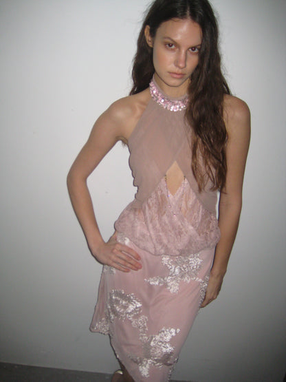 Sequin Halter Lace Overlay Top