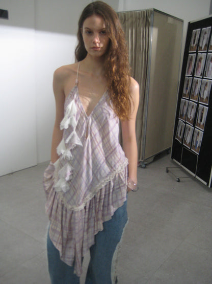 Asymmetric Ruffle Plaid Cami Top