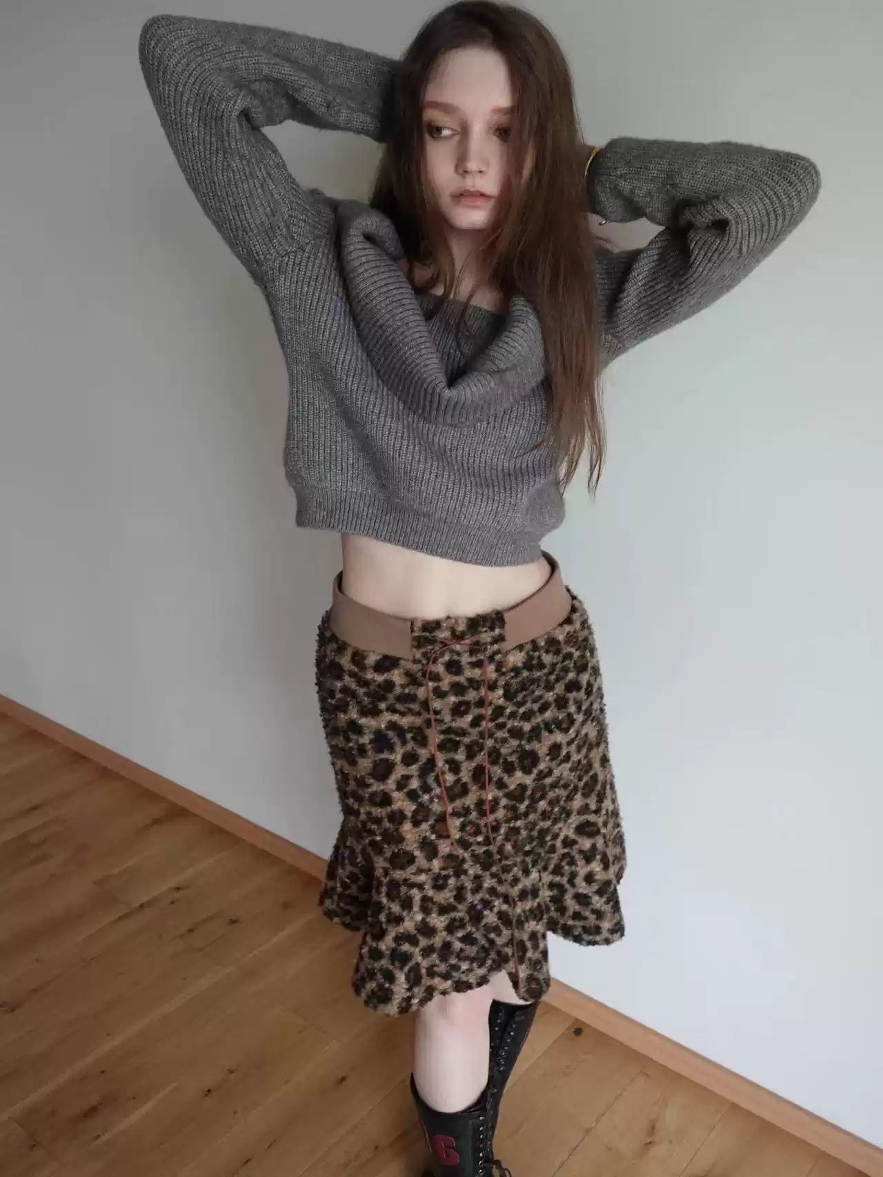 WATERBEAR™-LEOPARD PRINT KNIT MIDI RUFFLE HEM SKIRT