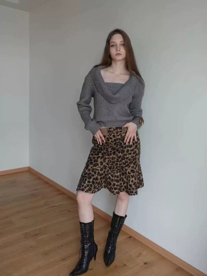 WATERBEAR™-LEOPARD PRINT KNIT MIDI RUFFLE HEM SKIRT